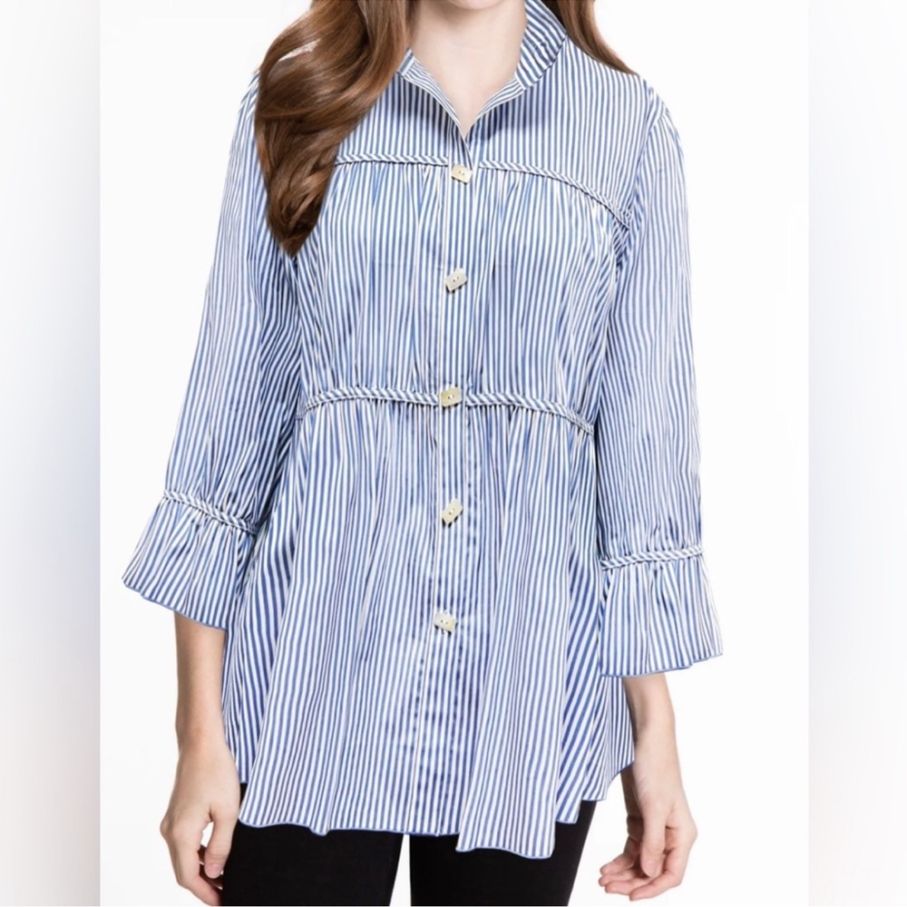 John Mark Striped Blue White Blouse with Gathered Details Size S
